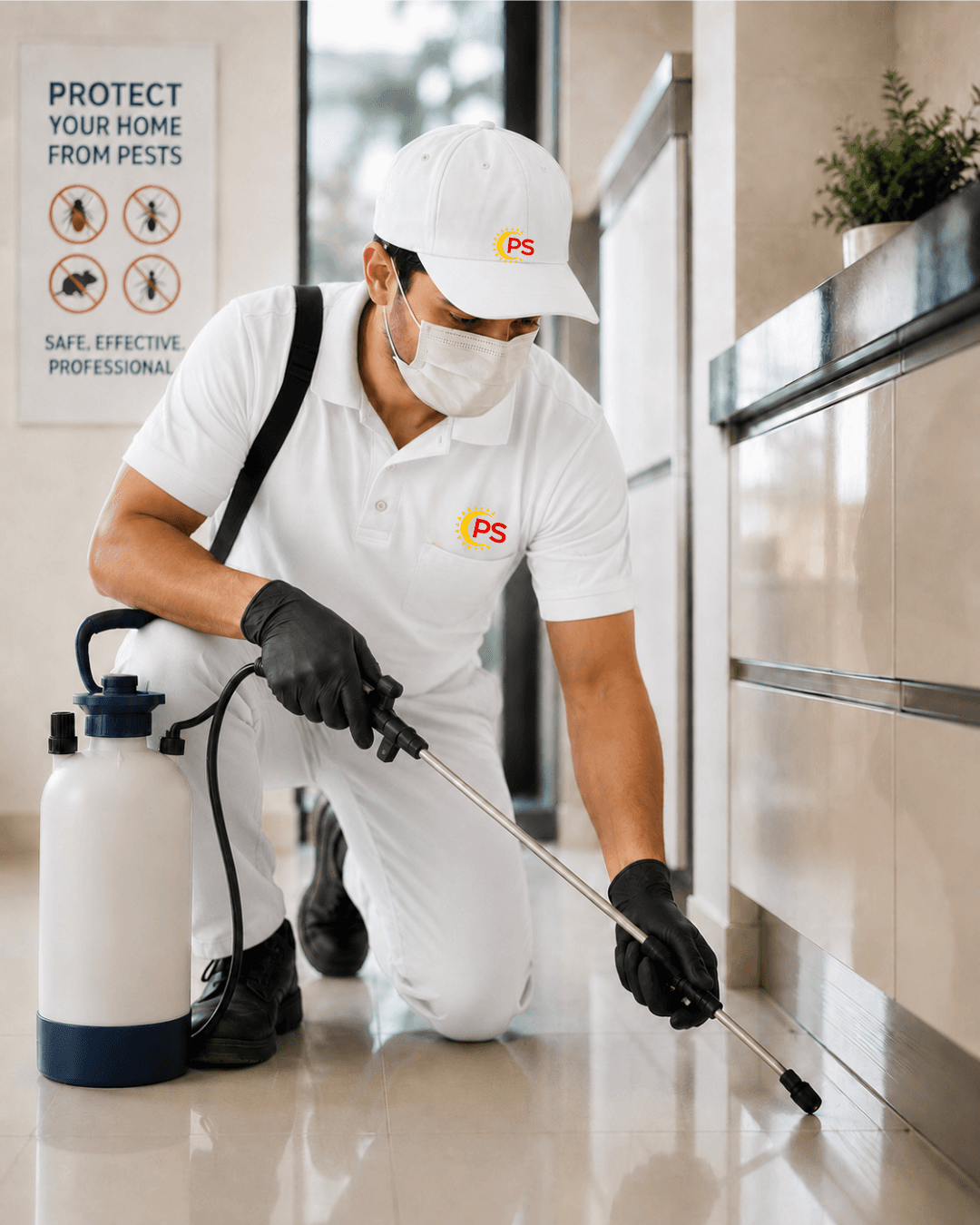 Professional pest control technician performing inspection